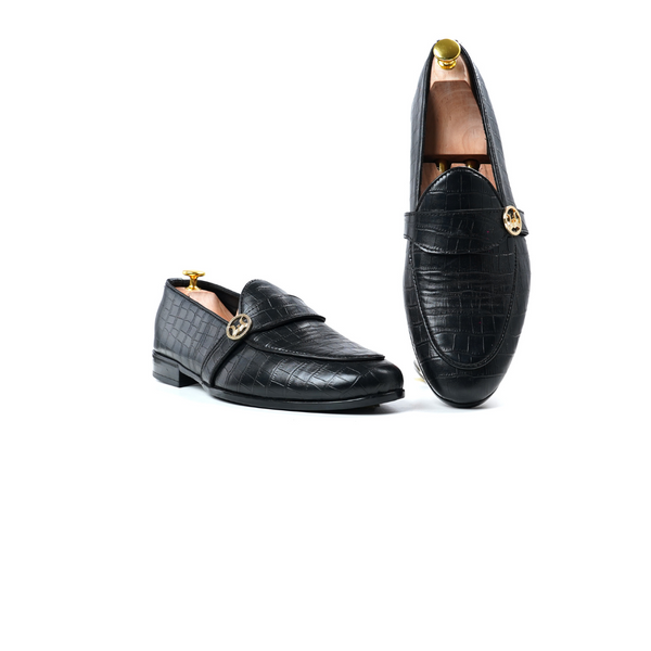 Belgian Loafers with Curved Strap: Black Crocodile Print