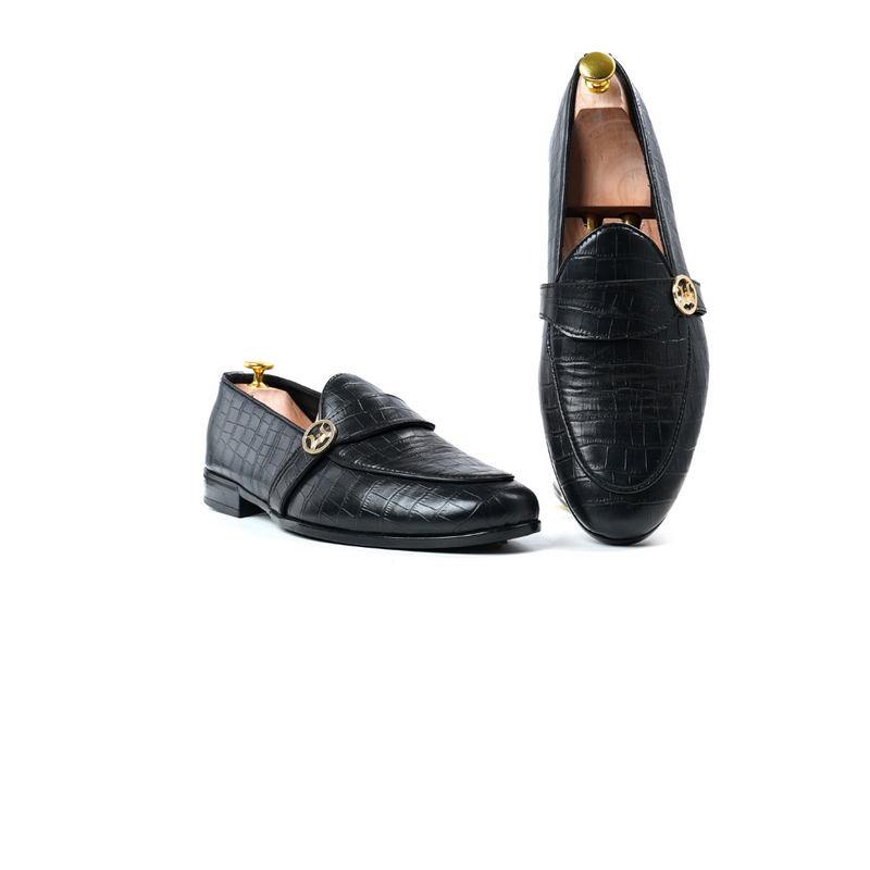 Belgian Loafers with Curved Strap: Black Crocodile Print